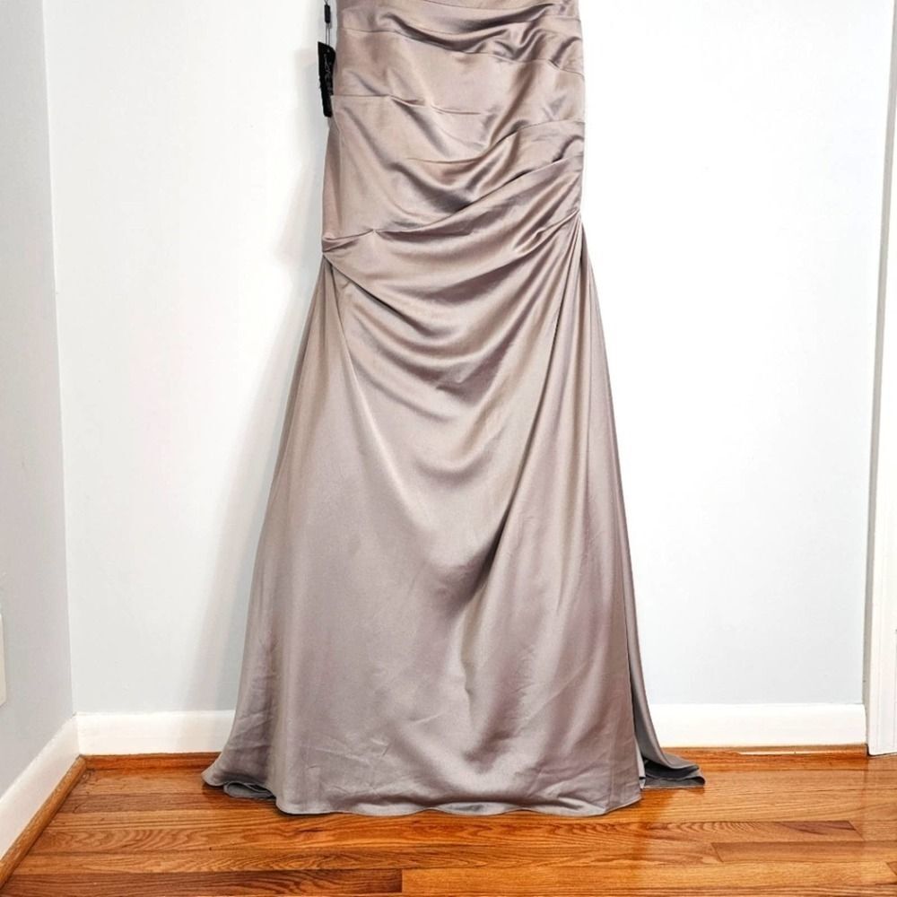 NWT La Femme 25996 Off the Shoulder Beaded Satin Trumpet Silver Gown Size 8 - Picture 5 of 16
